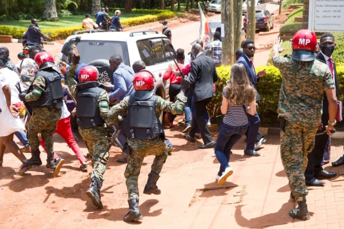 Wednesday 17th February 2021. Journalists brutalized by military police,at United Nations Office of the High Commissioner for Human Rights in Kololo Kampala.